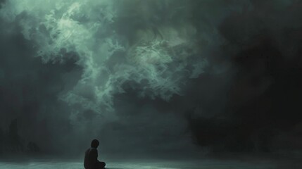 Abstract scene of a person sitting under a dark cloud in a small room.
