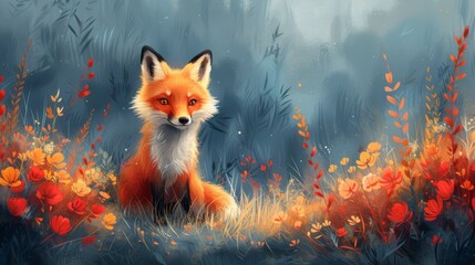 Vivid illustration of a red fox surrounded by mystical flowers in an enchanted forest setting