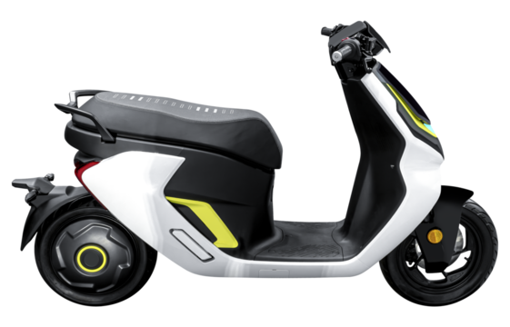 Side view white electric motorcycle