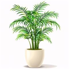 PNG illustration of a tall parlor palm with feathery green fronds in a white planter on a white background