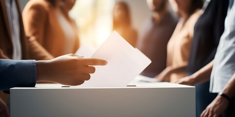 Closeup image of people voting in an election hands casting ballots. Concept Voting, Election Day, Democracy, Civic Duty, Ballot Casting