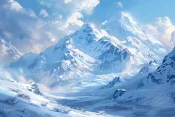 Obraz premium Snowy Mountain Range, Majestic snow-covered mountains under a blue sky, Winter Landscape