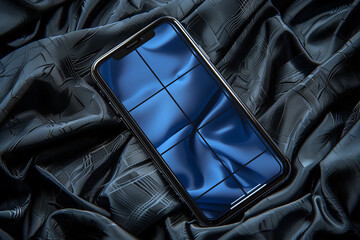 Black smart phone on the black fabric background with cool reflections in studio