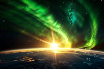 Stunning 4K photograph showcasing the majestic aurora borealis swirling around the globe, reaching down to the equator, while the sun emerges from behind the Earth's horizon, illuminating a darkened