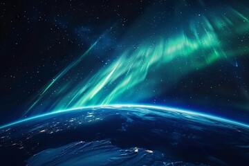 Fototapeta premium Stunning photograph showcasing the majestic aurora borealis swirling around the globe, reaching down to the equator, while the sun emerges from behind the Earth's horizon, illuminating a darkened