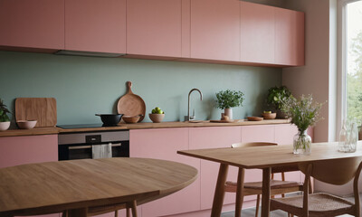 Pink kitchen cabinets and wooden shelf Scandinavian modern interior design of kitchen with island, dining table and chairs