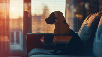 Dog sitting on the couch, living room scene, relaxed mood close up, focus on, copy space Double exposure silhouette with home decor