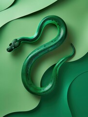 Chinese green wooden snake, 3D minimalism style, colorful background, greeting card with free space for text