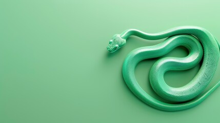 Obraz premium Chinese green wooden snake, 3D minimalism style, colorful background, greeting card with free space for text