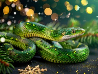 Fototapeta premium Fantastic green snake, new year celebration banner, bright festive background, greeting card with free space for text