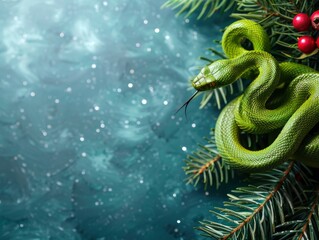Fototapeta premium Fantastic green snake, new year celebration banner, bright festive background, greeting card with free space for text