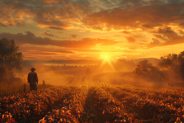 A serene image of farmers harvesting crops in a field, with a backdrop of a rural landscape and a setting sun, 3D render - Powered by Adobe