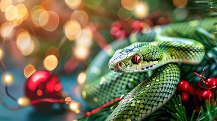 Fototapeta premium Green beautiful snake, new year celebration banner, light festive background, greeting card with free space for text