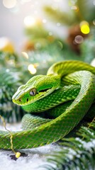Fototapeta premium Green beautiful snake, new year celebration banner, light festive background, greeting card with free space for text