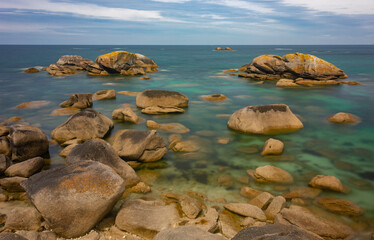 Turquoise lagoon with beach. Phare De Pontusval, Brittany, France