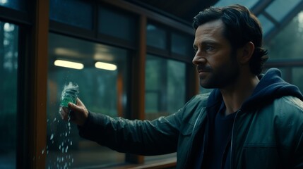 Professional window cleaner working on cleaning glass surfaces for a sparkling finish