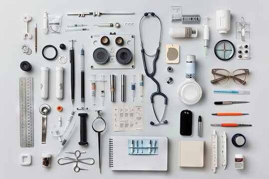 Imagen desde arriba en formato de una mesa blanca con una variedad de art culos m dicos dispuestos meticulosamente, como un fonendoscopio, cuaderno, l pices y un otoscopio, perfecta para
