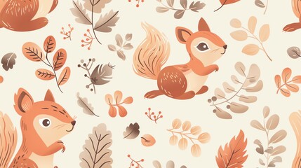 Soft pastel-colored seamless pattern with hand-drawn leaves, small flowers, and squirrels, showcasing a harmonious and whimsical design