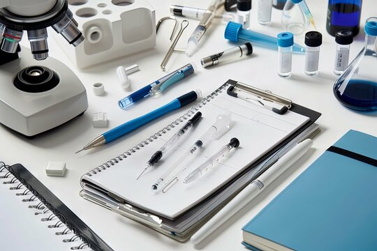 Fotograf a detallada en formato art culos m dicos dispuestos sobre una mesa blanca, capturando un conjunto de elementos que incluyen un fonendoscopio, cuaderno, l pices y un otoscopio, ideal