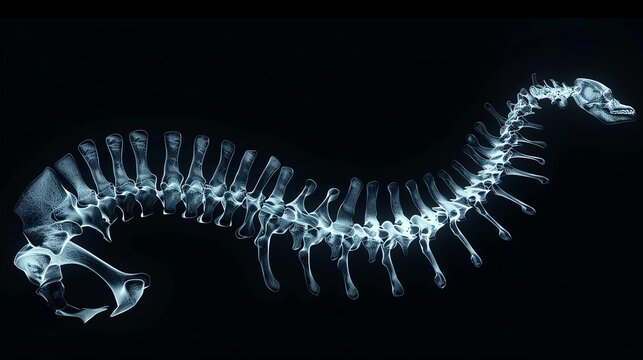 Xray of a human spine with detailed vertebrae and curvature, set against a black background, showcasing the backbones structure