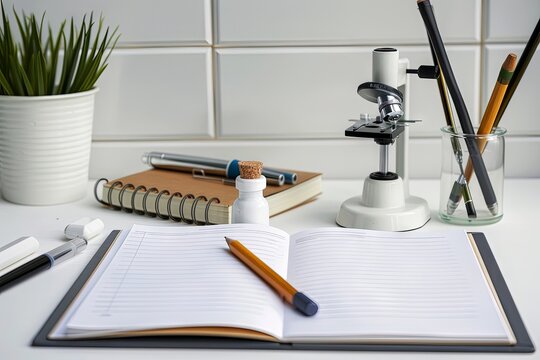 Fotograf a detallada en formato art culos m dicos dispuestos sobre una mesa blanca, capturando un conjunto de elementos que incluyen un fonendoscopio, cuaderno, l pices y un otoscopio, ideal