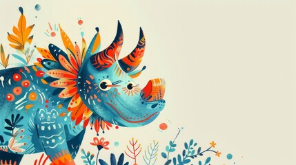 Whimsical illustration of a festive rhino surrounded by floral elements