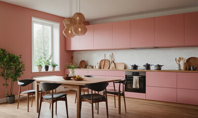 Pink kitchen cabinets and wooden shelf Scandinavian modern interior design of kitchen with island, dining table and chairs