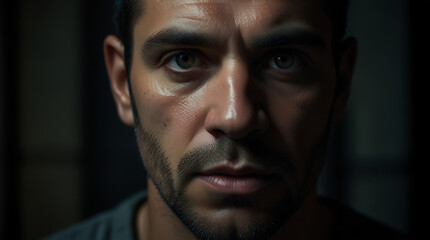 a close-up portrait of an imprisoned man behind the iron bars staring into the camera in a dark background

