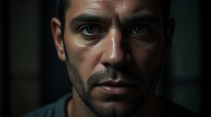 Fototapeta premium a close-up portrait of an imprisoned man behind the iron bars staring into the camera in a dark background 