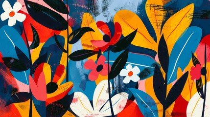 Vibrant artistic painting of abstract flowers and leaves in bold colors
