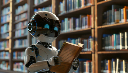 Fototapeta premium A robot is reading a book while sitting on a white surface by AI generated image
