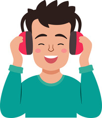 A young man wearing headphones is smiling and enjoying his music