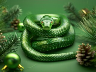 Fototapeta premium Green snake, 3D minimalism style, new year celebration, festive background, greeting card with free space for text