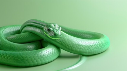 Obraz premium Green snake, 3D minimalism style, new year celebration, festive background, greeting card with free space for text