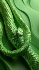 Obraz premium Green snake, 3D minimalism style, new year celebration, festive background, greeting card with free space for text