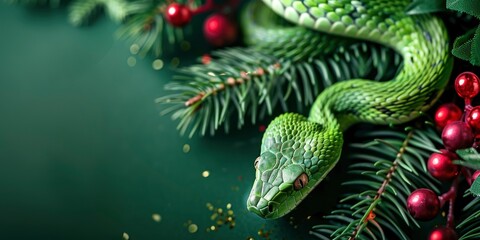Fototapeta premium Green snake, new year celebration banner, christmas decoration, bright festive background, greeting card with free space for text