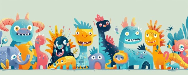 A colorful and whimsical illustration of cheerful, cartoon monsters socializing