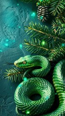 Fototapeta premium Green snake, new year celebration banner, light festive background, greeting card with free space for text