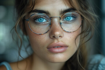 Girl works on internet. Reflection at the glasses from laptop. Close up of woman's eyes with black female glasses for working at a computer.