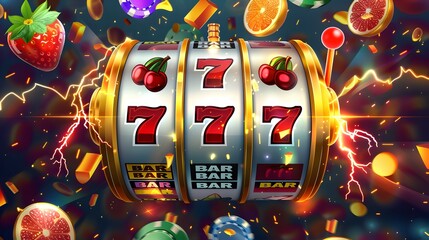 Vibrant, modern illustration depicting a casino slot machine interface with a spinning reel.