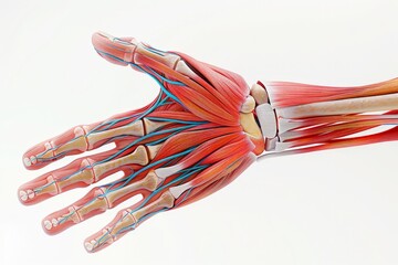 An educational 3D illustration of the human hand and wrist anatomy, displaying the skeletal structure, muscle groups, and connective tissues with precise labeling for each component