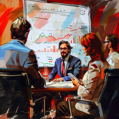 Generative AI: business meeting going over the results with a set of slides on the screen