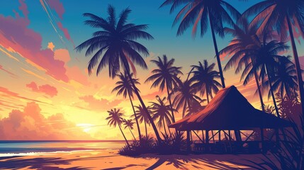A picturesque scene unfolds in this digital illustration capturing the charm of a coconut palm forest with a quaint leaf roofed hut beneath a silhouette of palm trees against the evening sky
