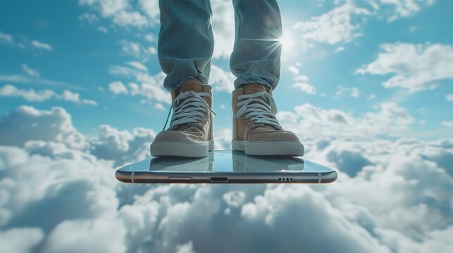 Person on a smartphone floating in the sky over the clouds.