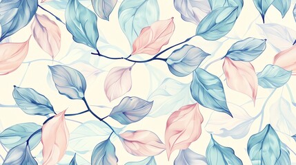 Seamless pattern of hand-drawn pastel-colored leaves and branches, creating a soft and natural design