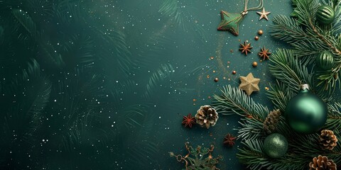 Green toned Christmas & New Year banner with beautiful decorations, Christmas tree and blank space for text, magical atmosphere