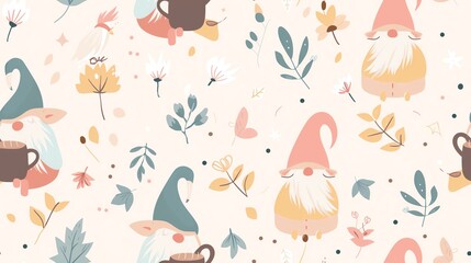 Fototapeta premium Soft pastel-colored seamless pattern with gnomes enjoying coffee among leaves, showcasing a harmonious and whimsical design