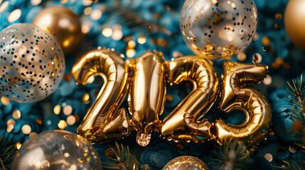Happy new year, text "2025" made of golden balloons, gold confetti, professional photo, saturated picture, colorful background