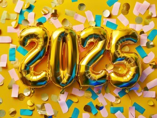 Happy new year, text "2025" made of golden balloons, gold confetti, professional photo, saturated picture, colorful background