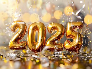 Text "2025" made of golden balloons, pastel colors confetti, Happy new year banner, professional photo, light blurred background